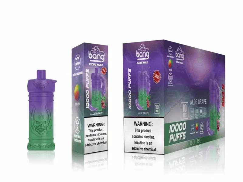 Purple and green Bang Icing Max 10,000-puff vape device in Aloe Grape flavor with packaging, showing warning label about nicotine.