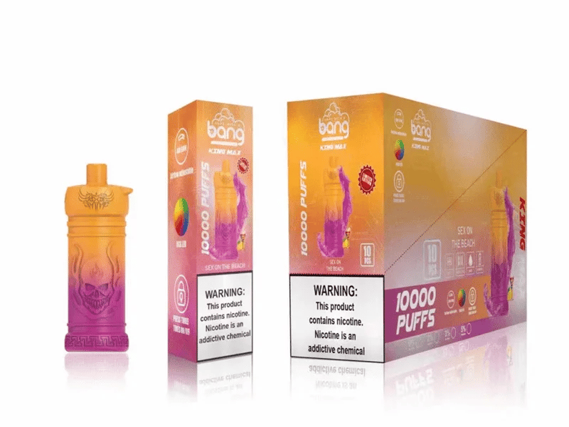 Bang disposable vape packaging with a 10,000-puff count in "Sex on the Beach" flavor, featuring warning labels about nicotine addiction.