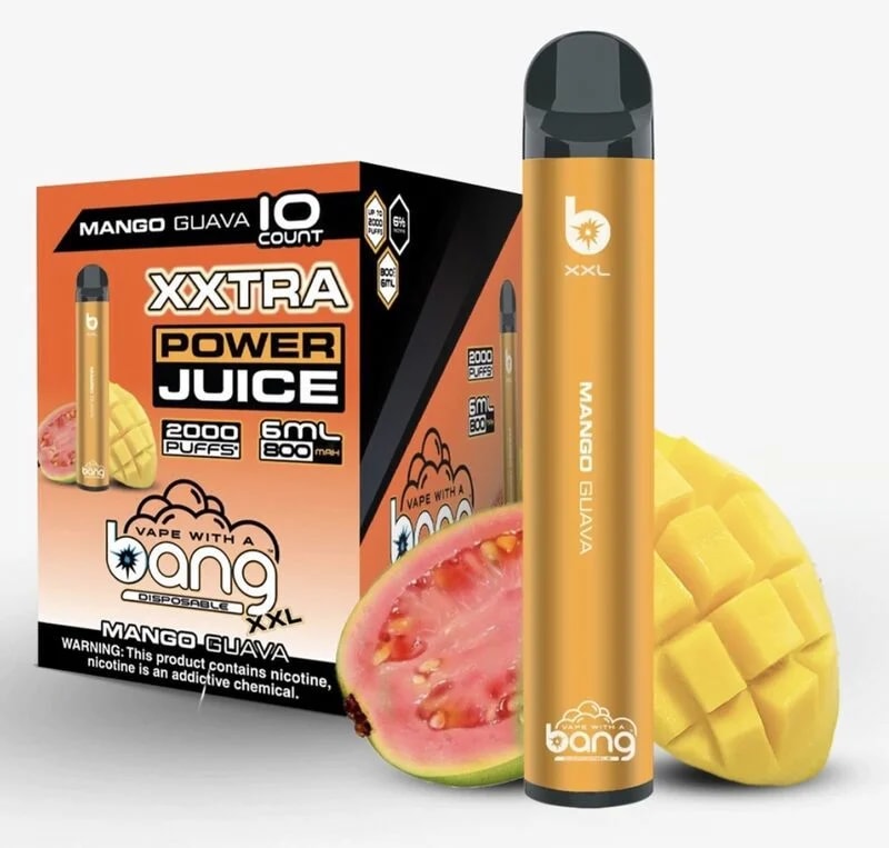 Orange och svart förpackning för en engångspenna med smaken "Bang XXL Mango Guava", märkt med 2000 puffar, 6 ml e-vätska och 800 mAh batterikapacitet; har bilder på mango och guava.