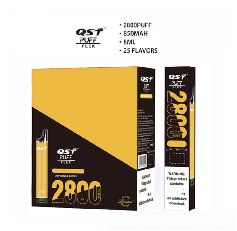 2800パフ、850mAhバッテリー、8ml容量、25のフレーバーを備えた「QST Puff Flex」用の使い捨て蒸気装置パッケージ。