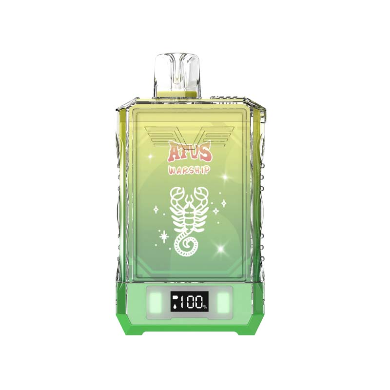 A green and transparent vape device with "ATUS WARSHIP" branding, a scorpion graphic, and a digital display showing "100%".