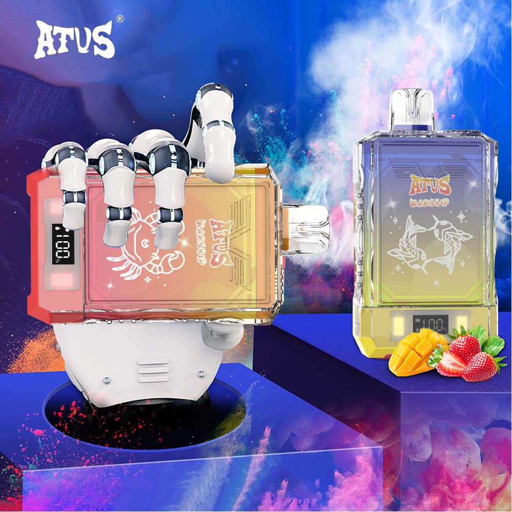 A colorful display of two vape devices with a digital screen, vibrant packaging featuring a crab and birds, and fruit accents of mango and strawberry.