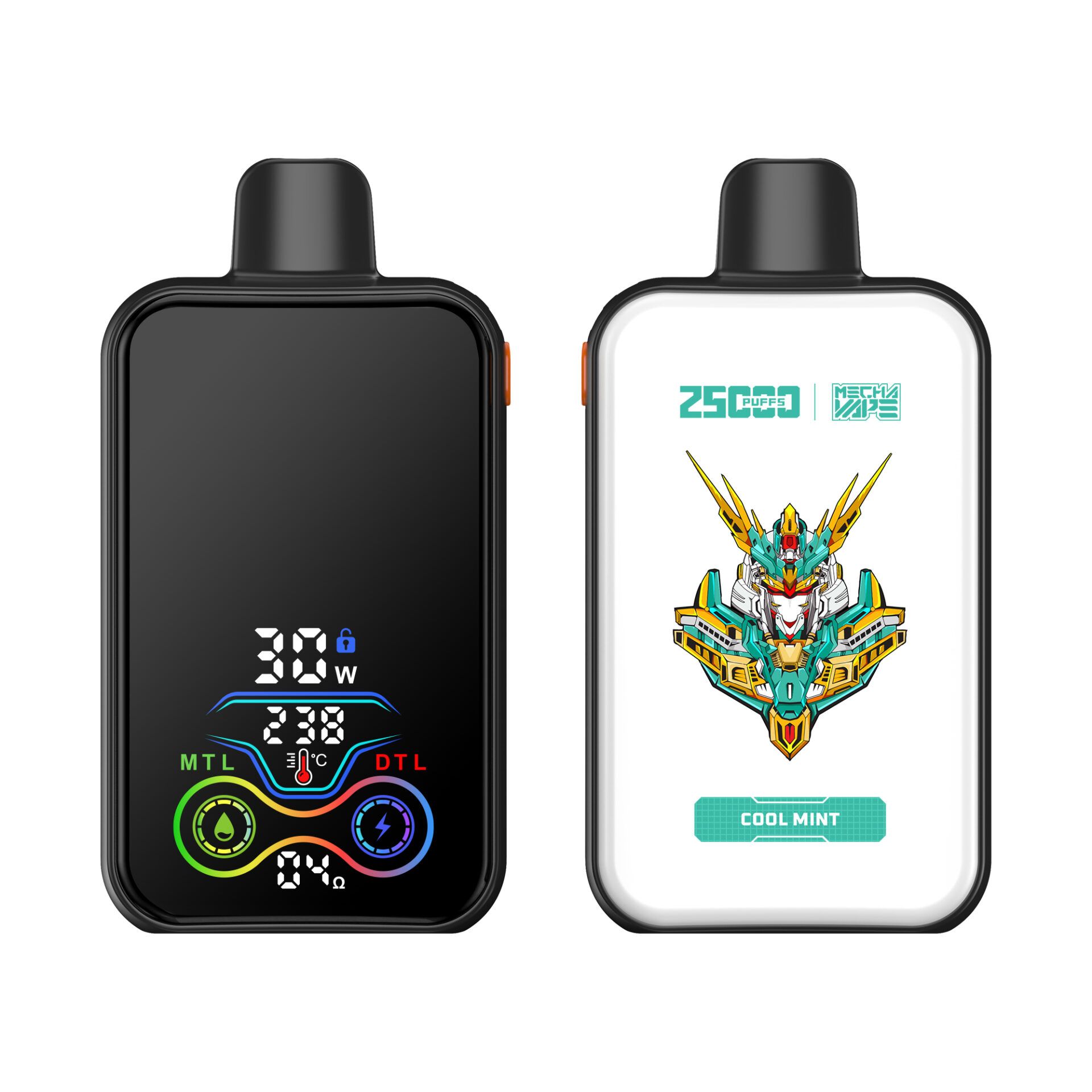 A sleek vape device with a digital display on the front showing power, temperature, and mode settings, and a colorful robotic design labeled "2500 Puffs" and "Cool Mint" on the back.