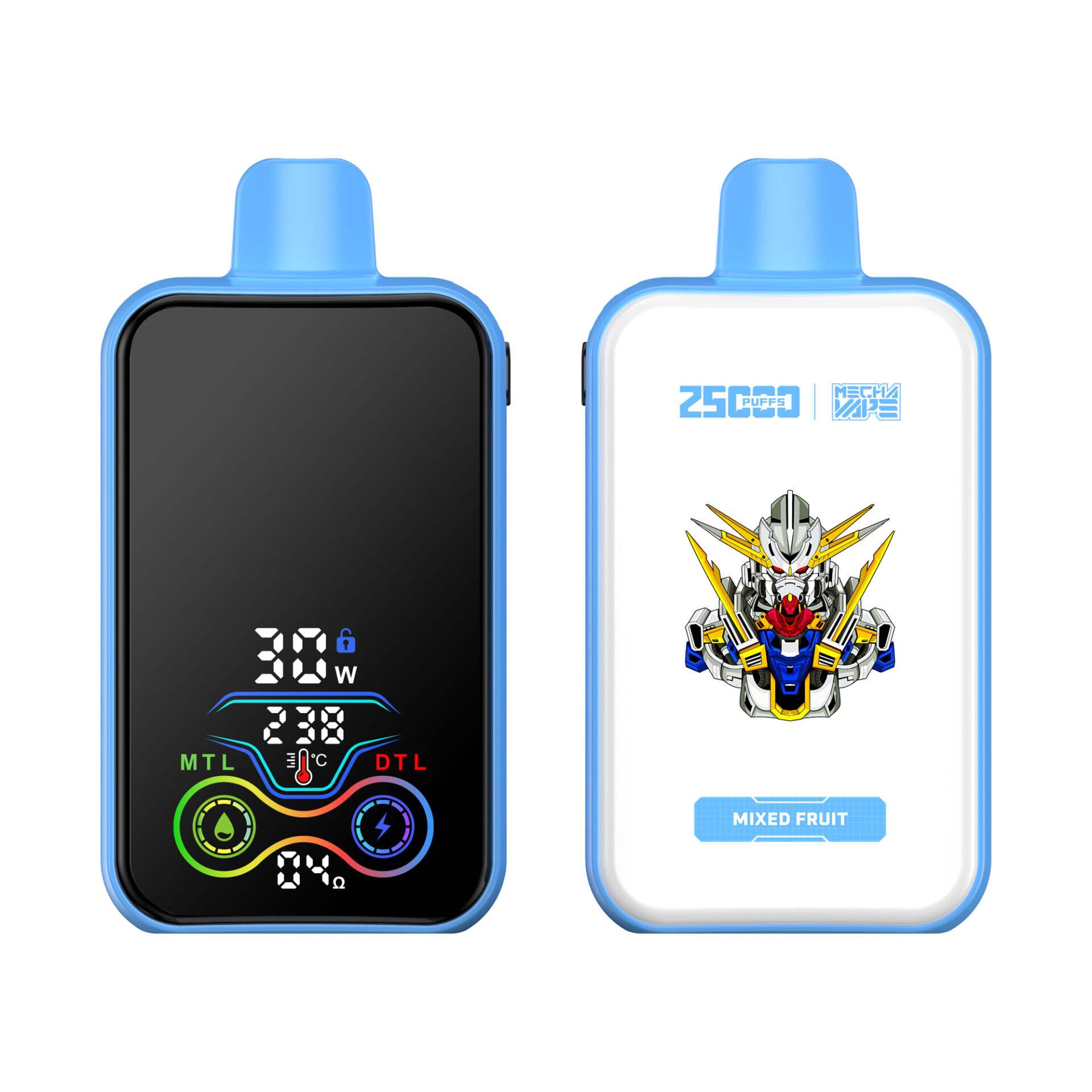 A blue vape device featuring a digital display on one side showing wattage, temperature, and resistance, while the other side has an illustration of a robotic character and the flavor "Mixed Fruit."