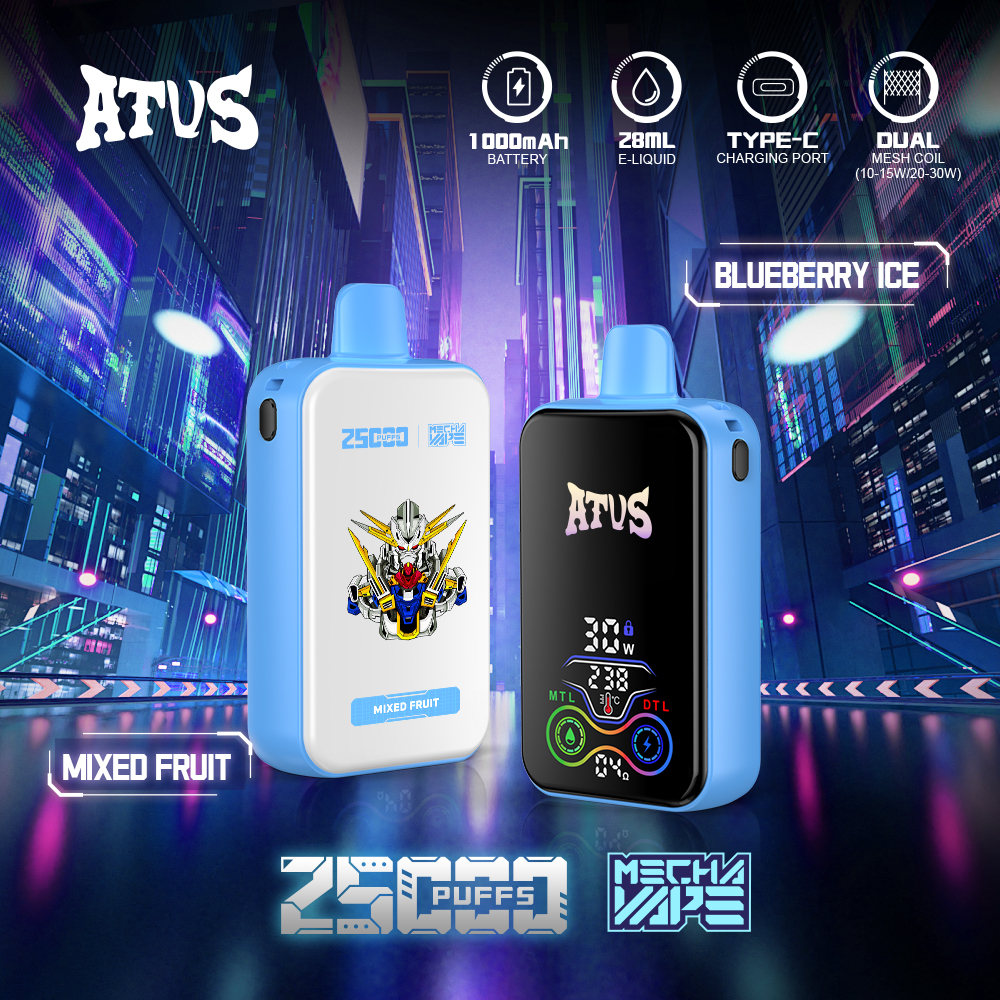 Two electronic vaping devices labeled "ATUS," featuring futuristic designs with a robot illustration and a digital display, set against a neon-lit urban background with product highlights like "1000mAh Battery" and "25000 Puffs."