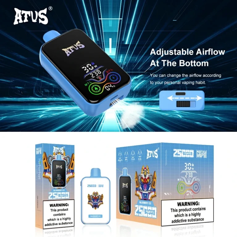 A blue vaping device with a digital screen displaying settings, adjustable airflow feature, and packaging showing "25000 puffs" and a warning about addictive substances.