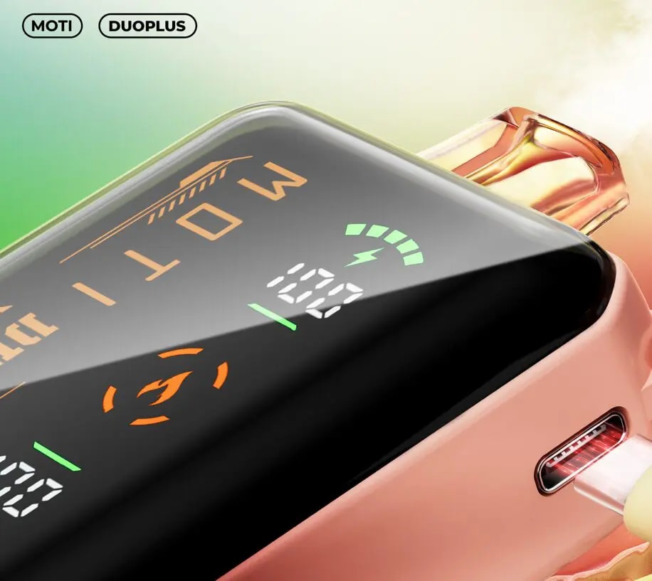 Närbild av en elegant elektronisk enhet med en glänsande display som visar livfulla ikoner och indikatorer, inklusive batteri- och laddningsstatus, en USB-C-laddningsport och en varm gradientbakgrund.