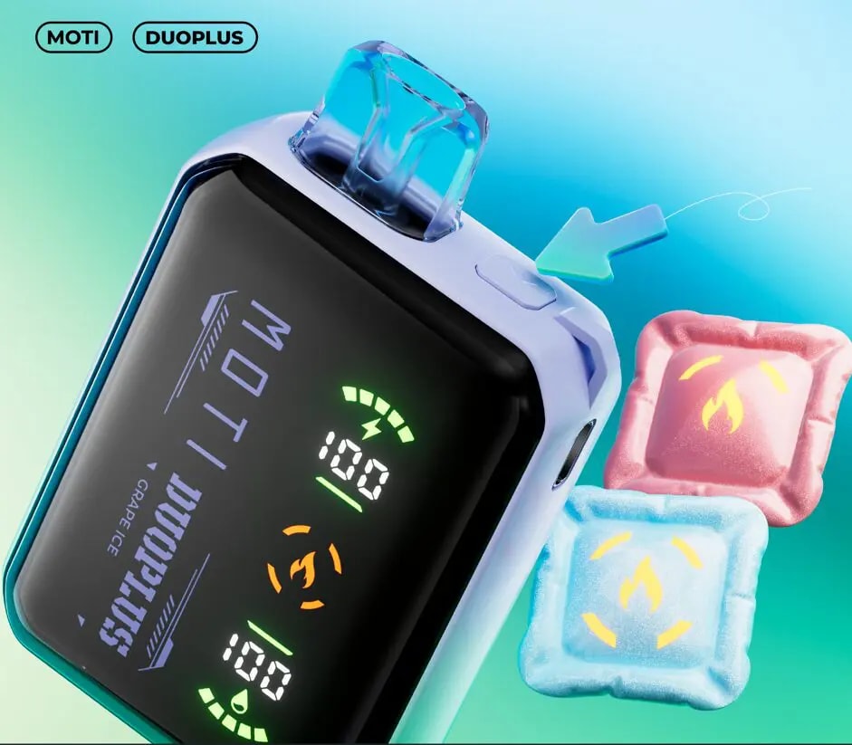En närbild av MOTI Duoplus-enheten med en digital display som visar batteri- och användningsindikatorer, tillsammans med två färgglada kassetter i pod-stil.