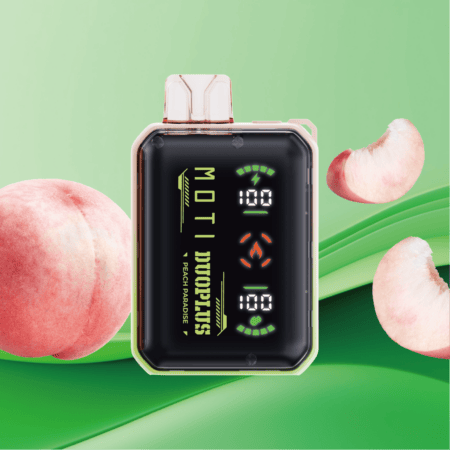 A digital vape device with a display showing battery and usage indicators, labeled "MOTI DUO PLUS Peach Paradise," surrounded by peach slices and green background.
