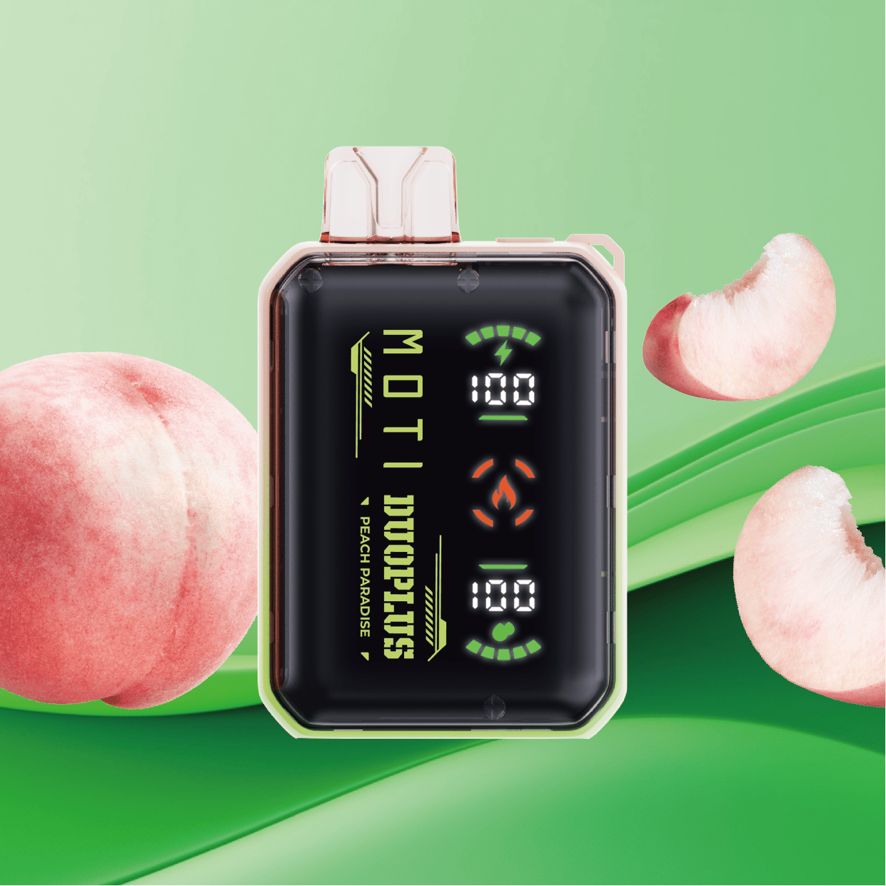 En digital vape-enhet med en display som visar batteri- och användningsindikatorer, märkt "MOTI DUO PLUS Peach Paradise", omgiven av persikoskivor och grön bakgrund.