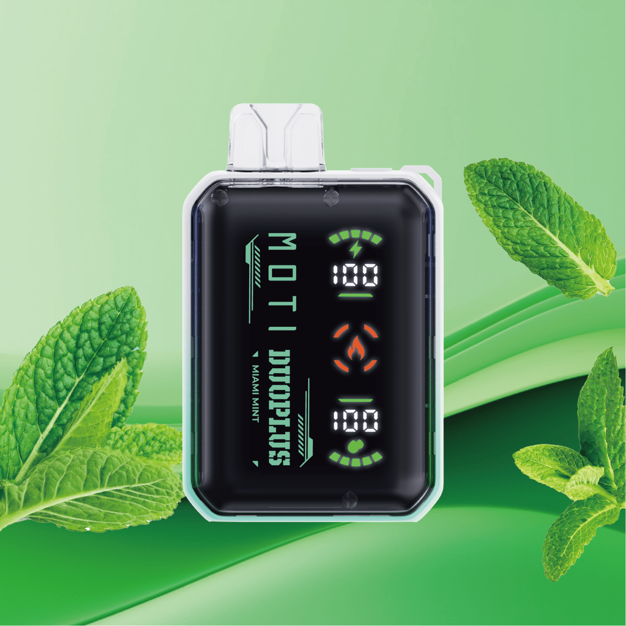 En elegant svart vaping-enhet med en genomskinlig topp, digital display som visar batteri- och effektnivåer, omgiven av gröna myntablad på en lutning grön bakgrund.