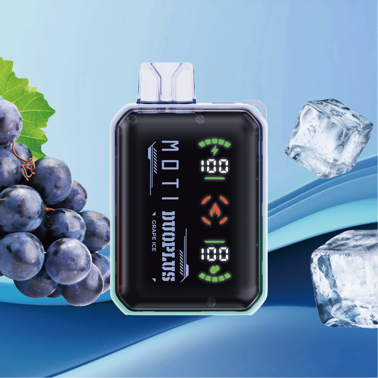 En elegant vape-enhet med en digital display som visar effektnivåer, omgiven av vindruvor och isbitar på en blå bakgrund.