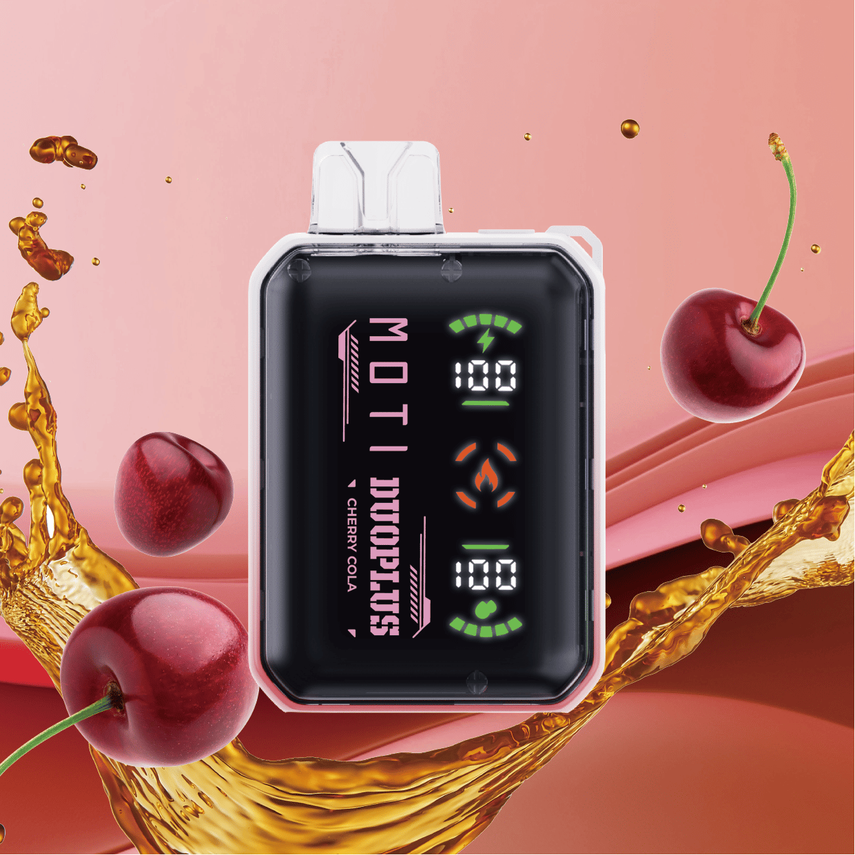En snygg vapingapparat märkt "MOTI Duo Plus Cherry Cola" med digitala indikatorer, omgiven av körsbär och stänk av cola på en rosa bakgrund.