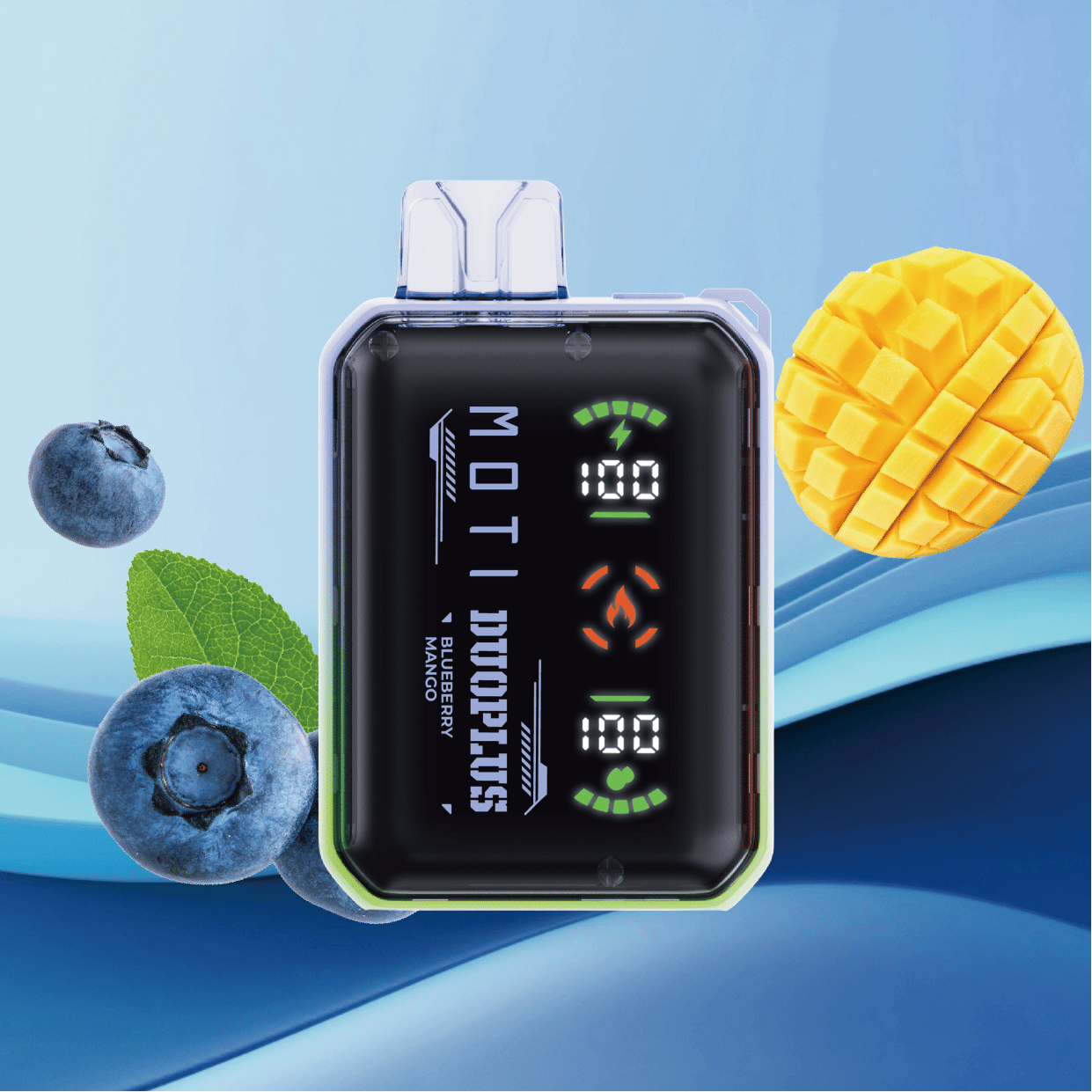 En kompakt elektronisk vaping-enhet med en digital display som visar batteri- och användningsnivåer, omgiven av blåbär och en skivad mango, mot en blå vågliknande bakgrund.