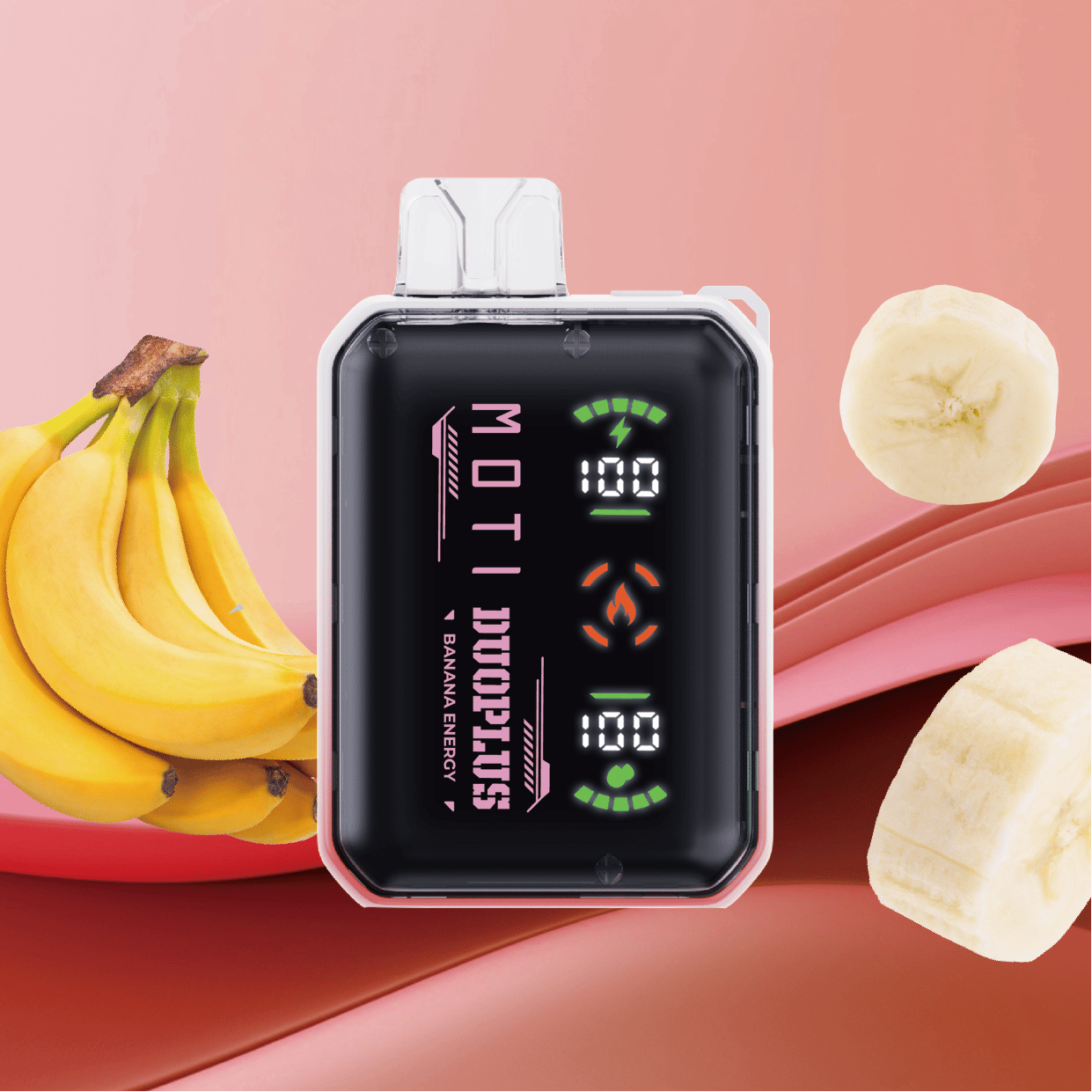 En svart elektronisk enhet med en digital display som visar indikatorer, märkt "MOTI DUOPLUS Banana Energy", omgiven av bananer och bananskivor på en rosa bakgrund.