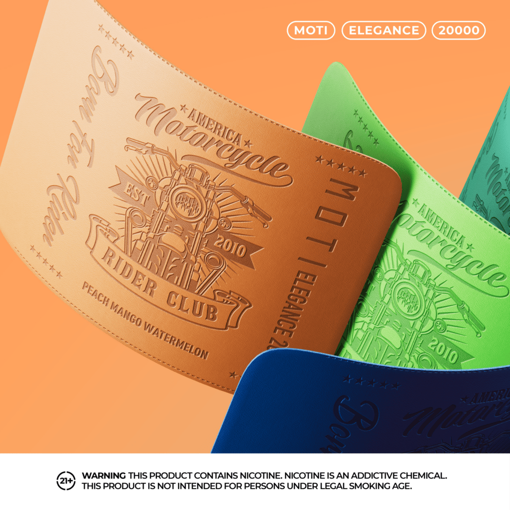 Close-up view of colorful leather-textured product packaging featuring embossed designs with a motorcycle theme, labeled "MOTI Elegance 20000" and flavor "Peach Mango Watermelon," with a nicotine warning at the bottom.