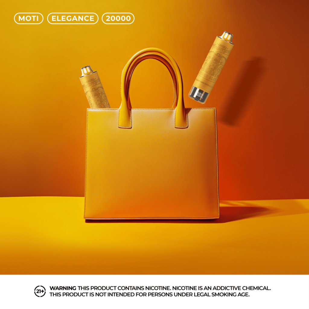 An orange handbag with two orange vaping devices labeled "MOTI Elegance 20000" placed against an orange background.