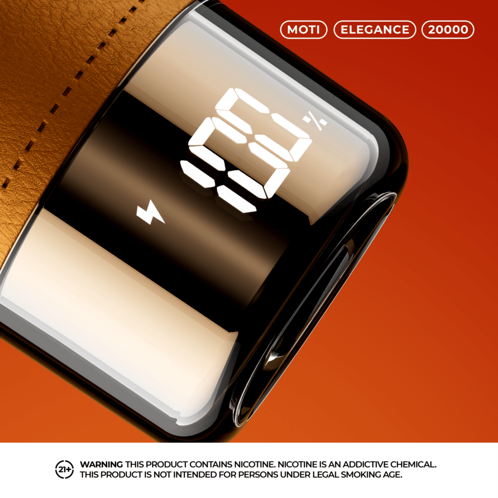 A close-up view of a sleek electronic device with a leather texture, displaying a digital battery percentage and charging symbol on a glossy black screen, set against a gradient orange background.