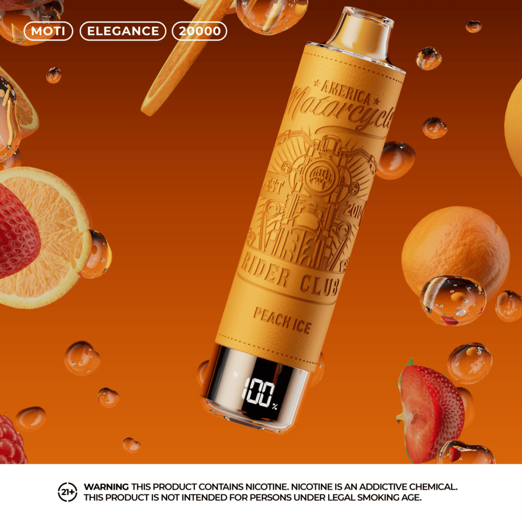 A leather-textured orange vape device with "America Motorcycle Rider Club" engraved, labeled "Peach Ice," surrounded by floating fruits like strawberries, oranges, and peaches, and droplets, set against a gradient orange background.