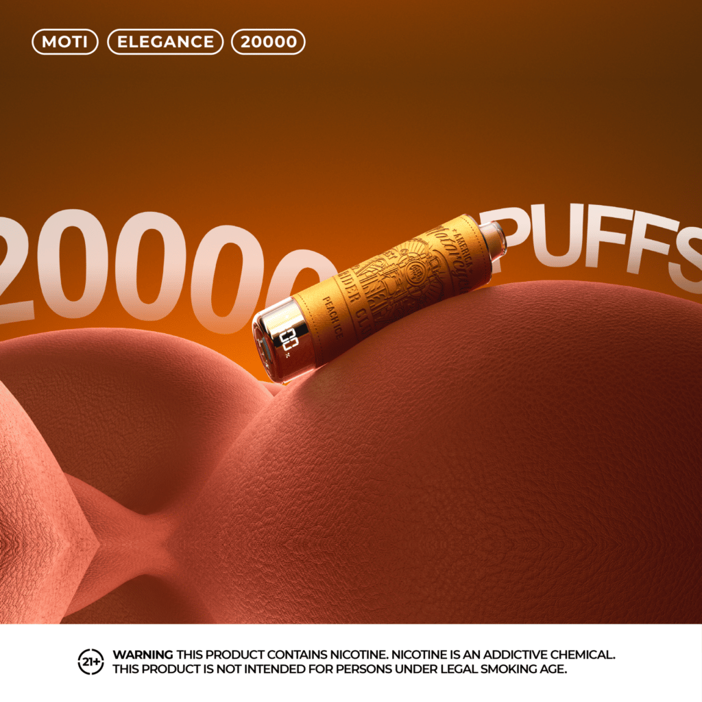 An orange vaping device labeled "MOTI Elegance 20000" rests on a textured orange surface with "20000 PUFFS" text in the background, accompanied by a nicotine warning at the bottom.