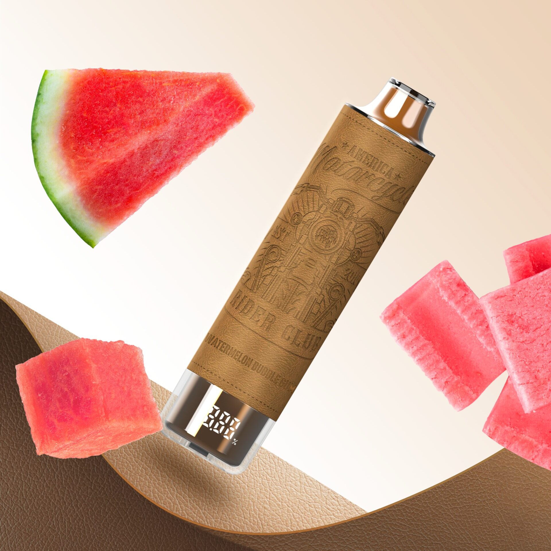 A stylish vape pen with a brown textured casing featuring engraved designs, surrounded by fresh watermelon slices and cubes on a beige background.