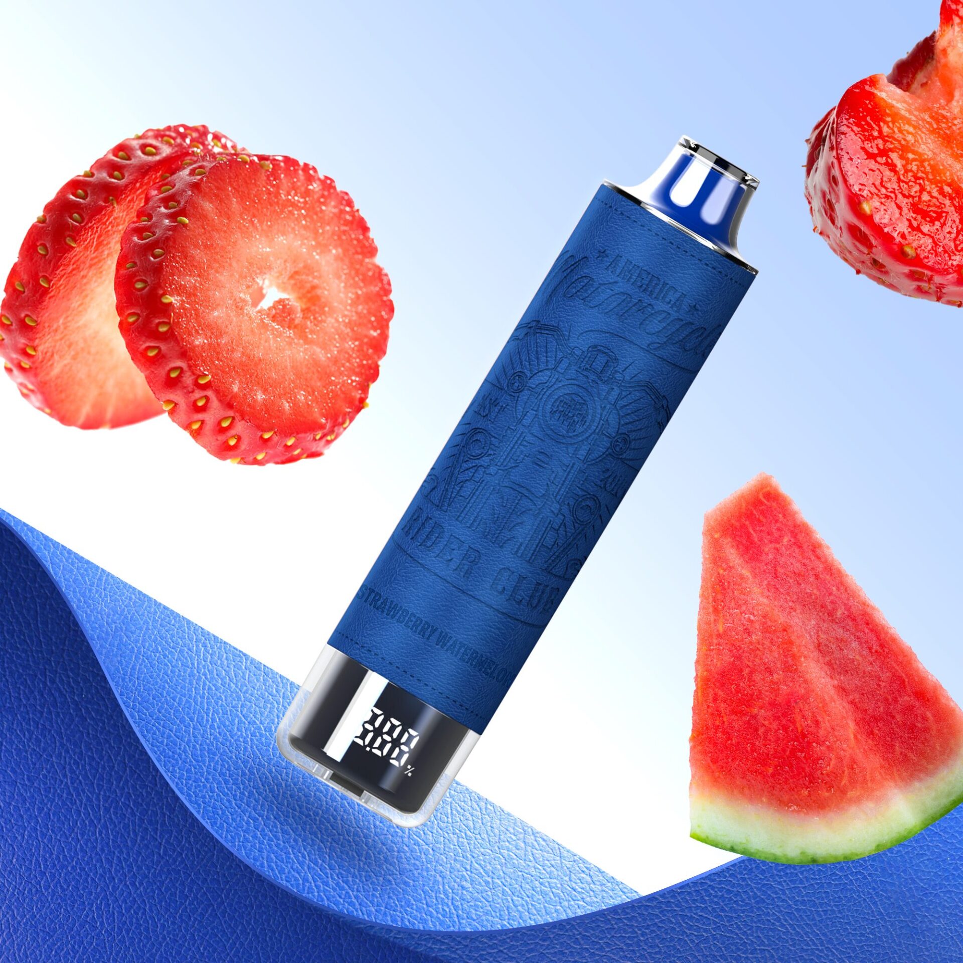Blue cylindrical device with intricate engravings, surrounded by fresh strawberry slices and a watermelon wedge, set against a light blue background.