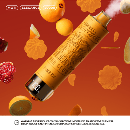 Närbild av en vape-enhet med apelsintema märkt "MOTI Elegance 20000" med intrikat präglad design, omgiven av flytande apelsinskivor, granatäppelkärnor och marigoldliknande blommor på en varm orangeröd bakgrund; en digital skärm visar "100%" längst ner.