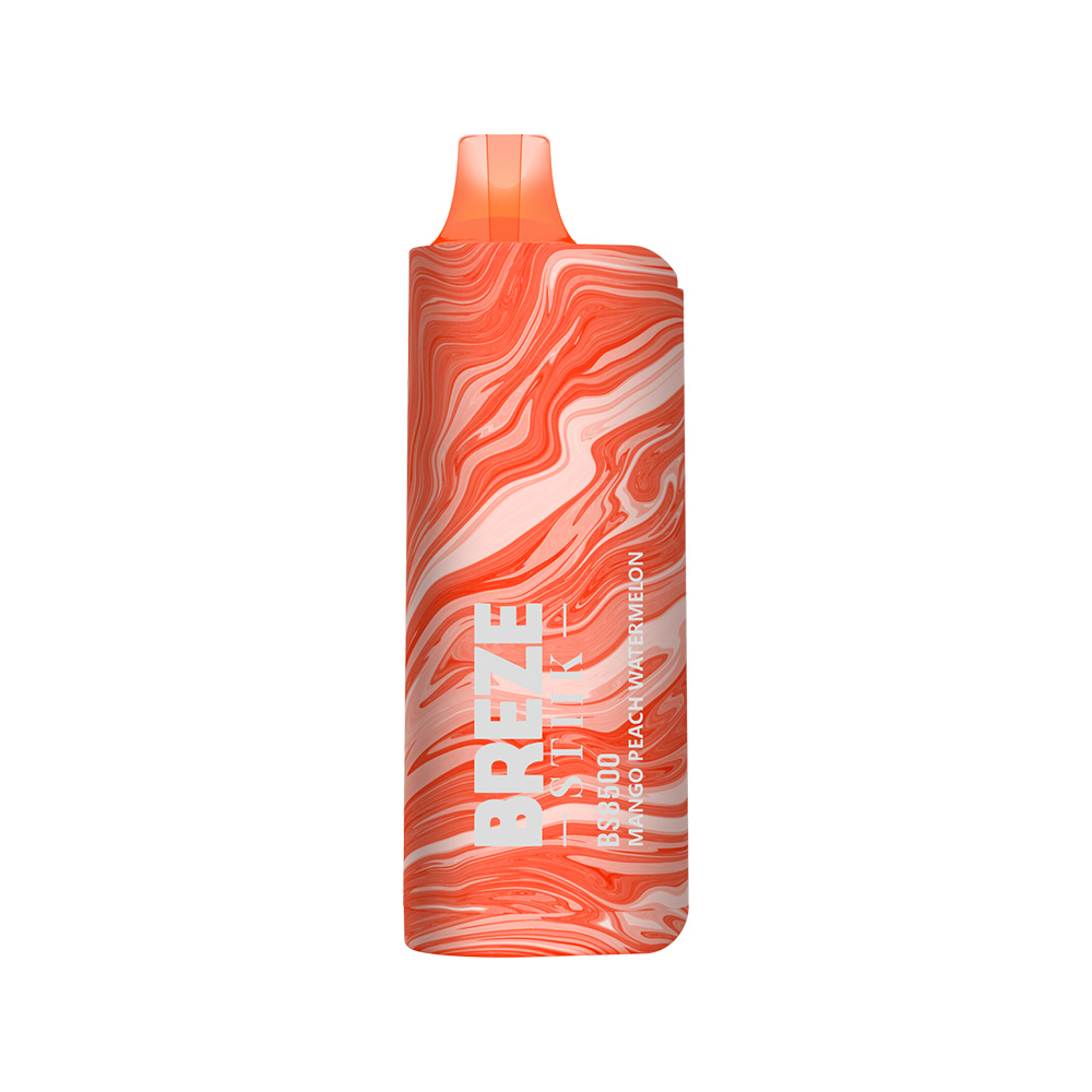 Orange and white swirled disposable vape with "BREZE" branding and "BS 5000 Mango Peach Watermelon" text.