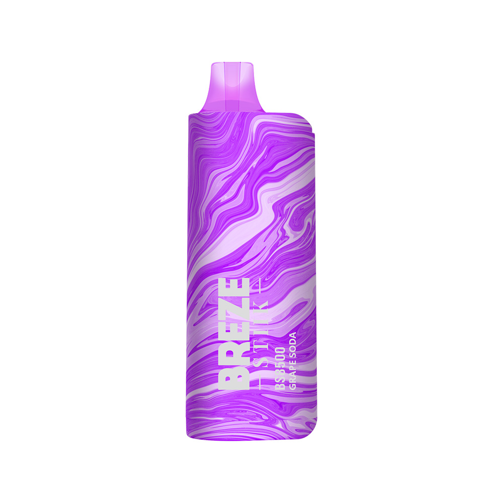 A purple and white marbled disposable vape pen labeled "BREZE GRAPE SODA BS 3500."