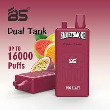 A red dual tank vape device labeled "SmokySmoke" with text "up to 16000 puffs" and fruit background.