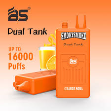 An orange dual tank vape labeled "Orange Soda" with a glass of orange juice, featuring text "Up to 16000 Puffs" and "BS Dual Tank."