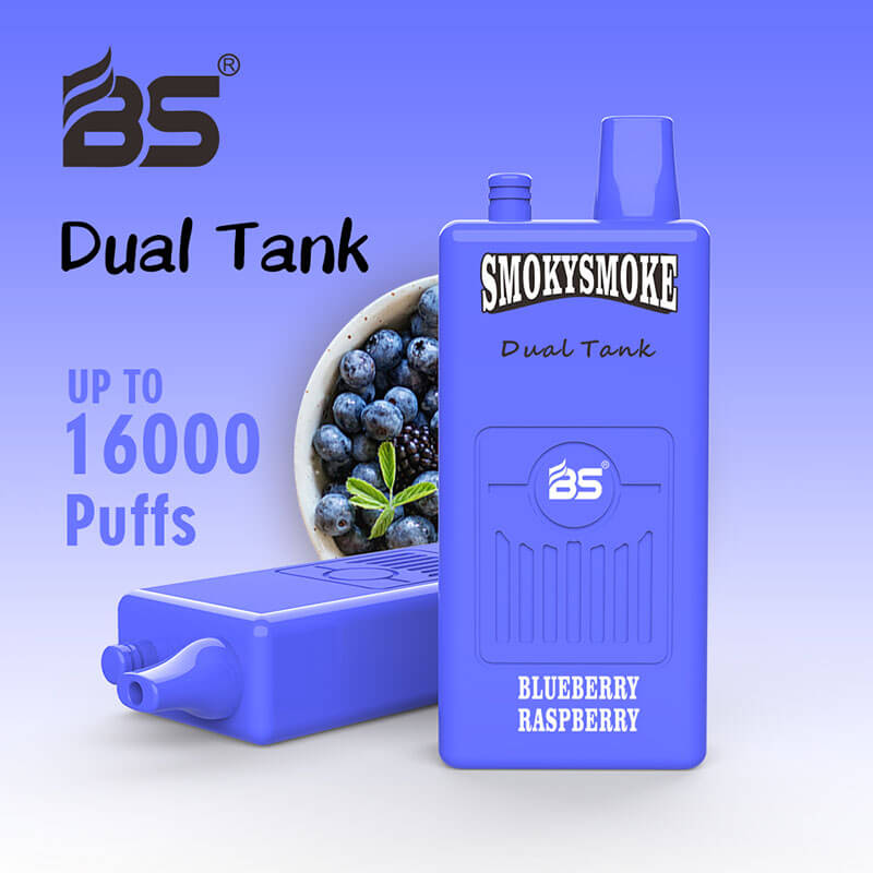 Blue vaping device labeled "BS SmokySmoke Dual Tank" with "Blueberry Raspberry" flavor, next to a bowl of blueberries. Text reads "Up to 16000 Puffs."