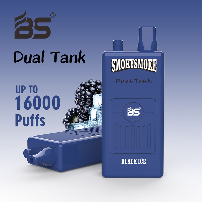 Blue vaping device with the label "SMOKYSMOKE Dual Tank" and "BLACK ICE," surrounded by blackberries and ice cubes, featuring the text "UP TO 16000 Puffs."