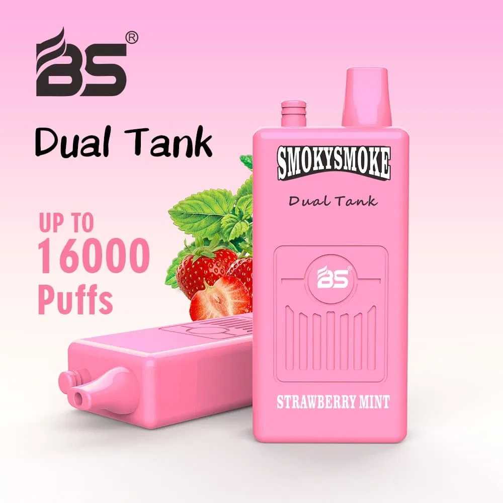 Pink vaping device labeled "BS SmokySmoke Dual Tank" with strawberry mint flavor and up to 16,000 puffs, alongside strawberries and mint leaves.