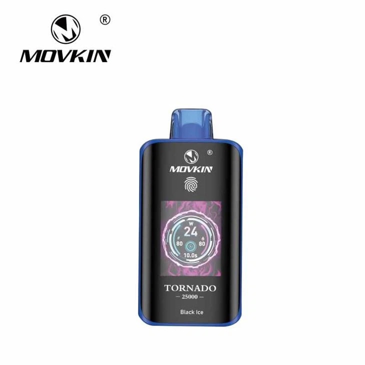 Movkin Tornado 25000 Black Ice vape-enhet med digital display och logotyp.