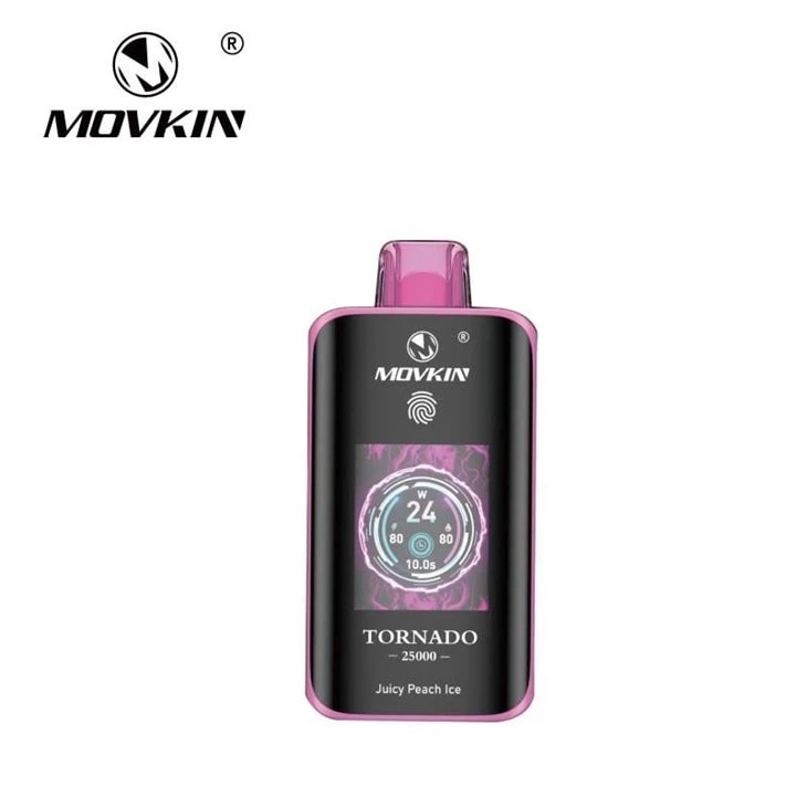 Movkin Tornado 25000 Juicy Peach Ice vape-enhet med display som visar watt och timing.