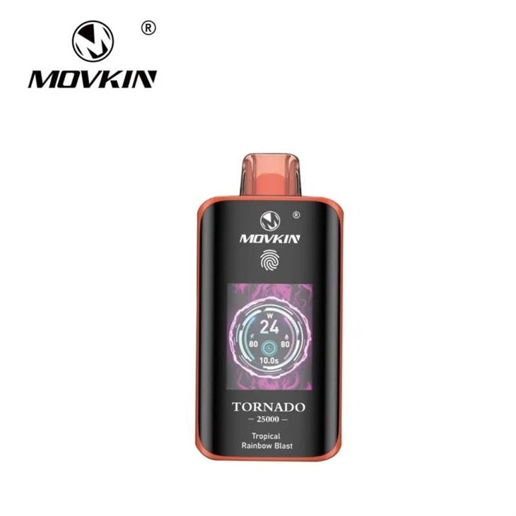Movkin Tornado vape-enhet med en displayskärm som visar inställningar och etiketten "Tropical Rainbow Blast".