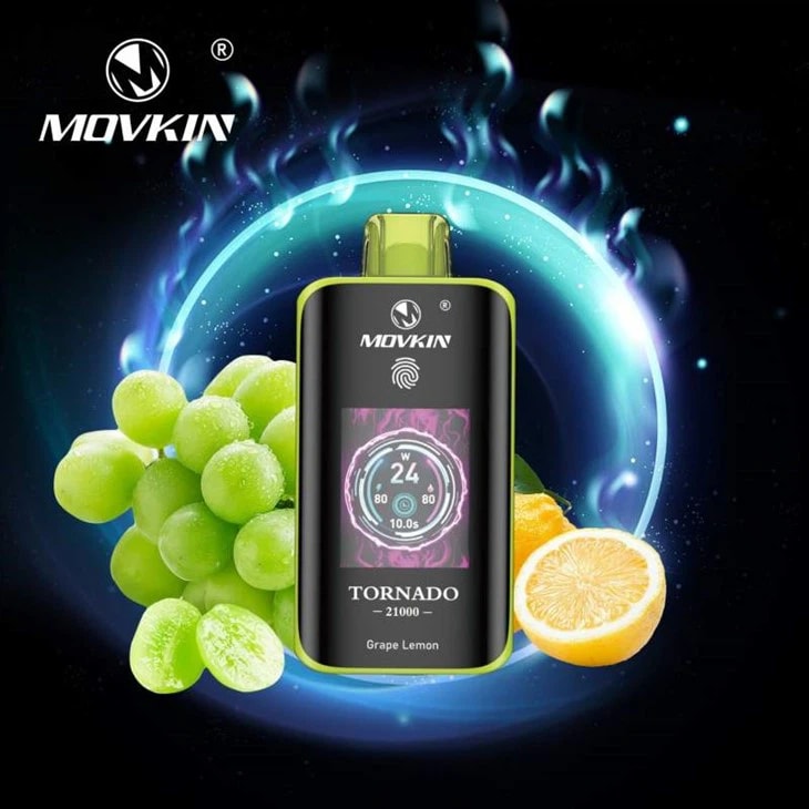Movkin Tornado vape-enhet med vindruvor och en citron mot en dynamisk blå bakgrund.