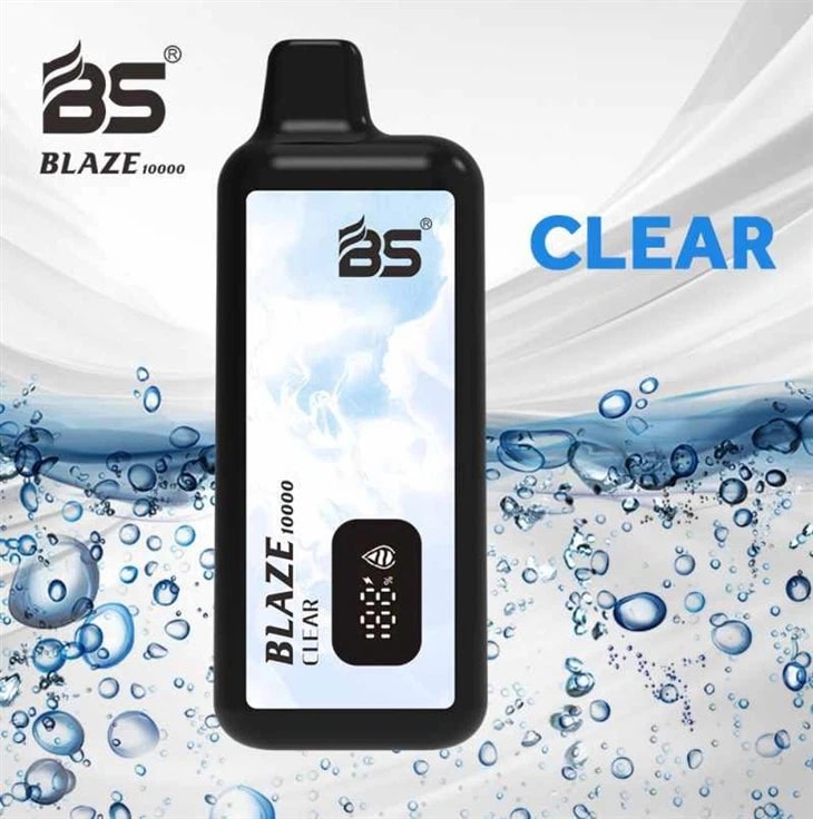 A vape device labeled "BS Blaze 10000 Clear" with water droplets and the word "CLEAR" in the background.