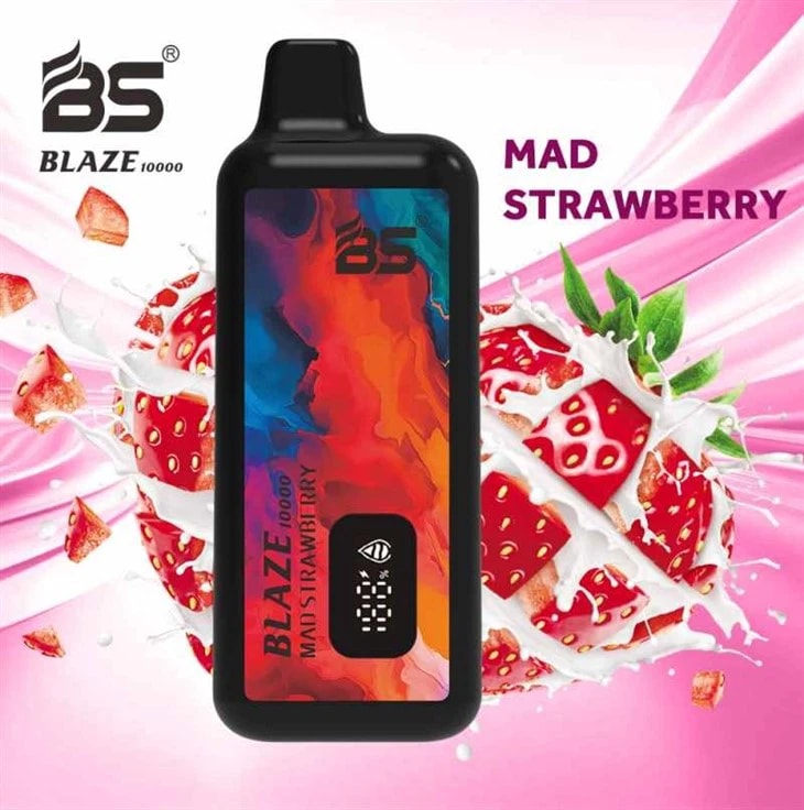 A vape device with a colorful abstract design labeled "BS BLAZE 10000 Mad Strawberry," surrounded by splashes of milk and strawberries.
