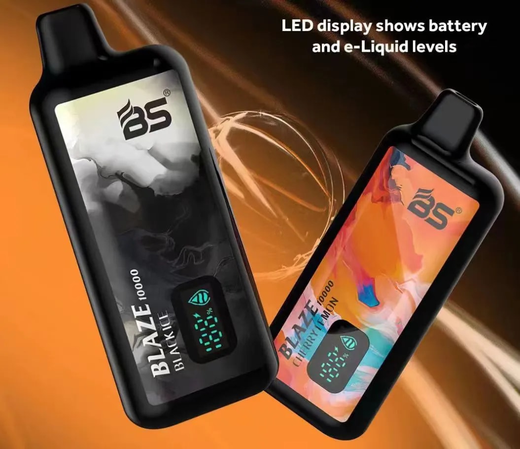 Two BS branded vape devices with colorful designs and LED display showing battery and e-liquid levels, set against an abstract background.