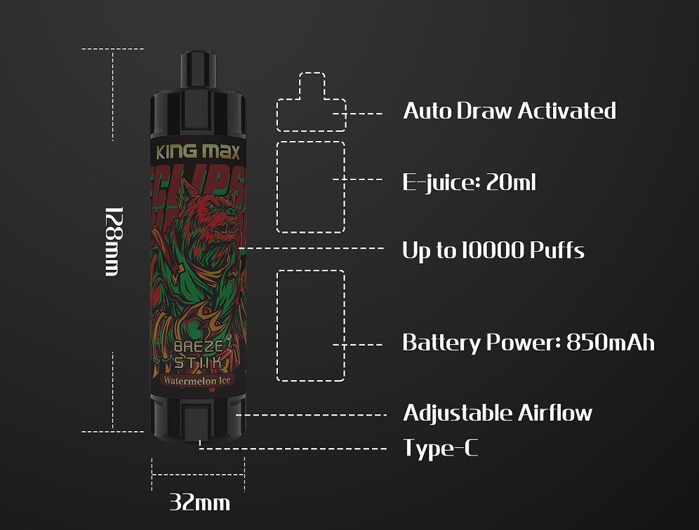 高さ128mm、幅32mm、自動ドローアクティベーション、20mlのEジュース容量、最大10,000パフ、850mAhバッテリー、調整可能なエアフロー、USBタイプC充電を備えた使い捨ての蒸気吸血装置。