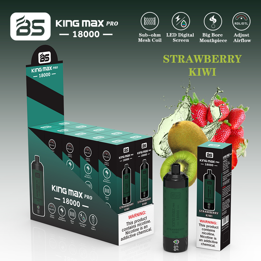 King Max Pro 18000 disposable vape display box with individual vape devices labeled "Strawberry Kiwi," featuring sub-ohm mesh coil, LED digital screen, big bore mouthpiece, and adjustable airflow; nicotine warning included.