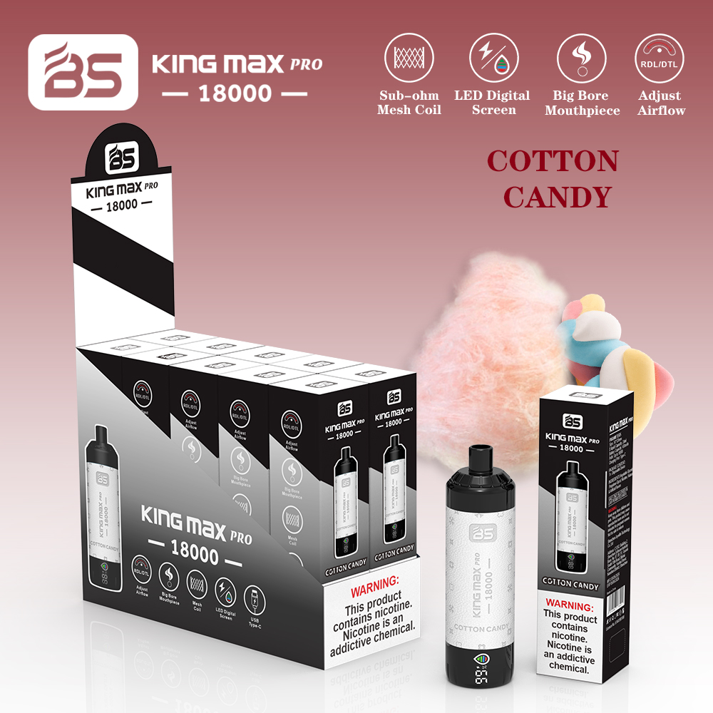 BS King Max Pro 18000 Cotton Candy flavor disposable vape with sub-ohm mesh coil, LED digital screen, big bore mouthpiece, adjustable airflow, and nicotine warning label.