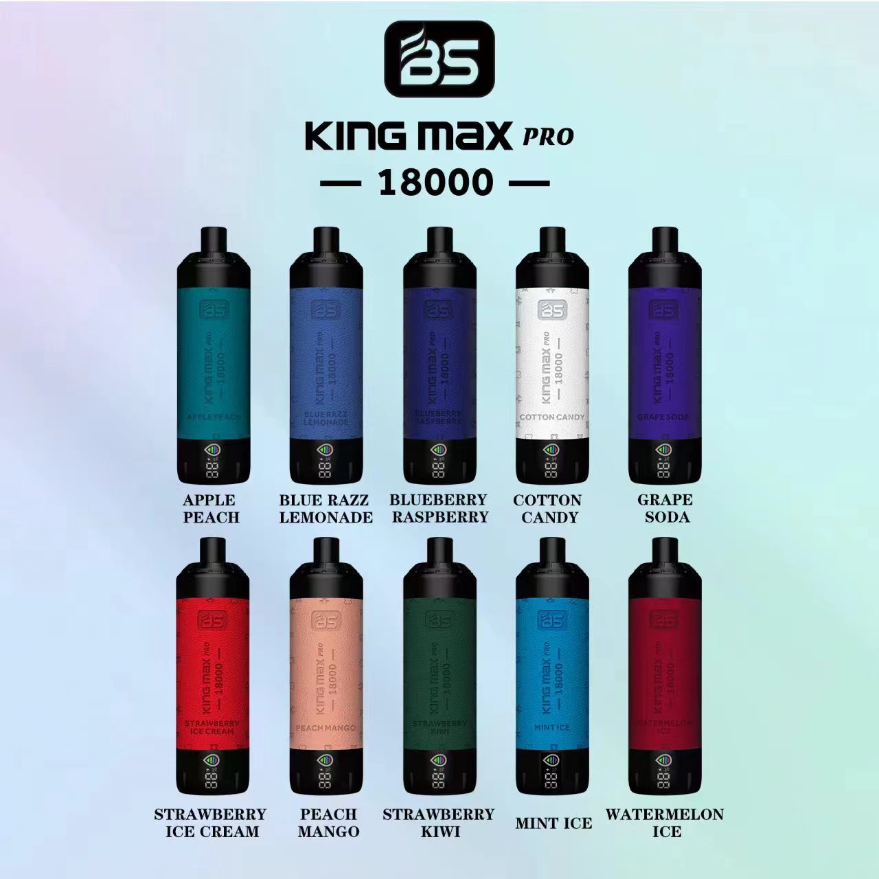 Image displaying 10 BS King Max Pro 18000 vape devices in different flavors, including Apple Peach, Blue Razz Lemonade, Blueberry Raspberry, Cotton Candy, Grape Soda, Strawberry Ice Cream, Peach Mango, Strawberry Kiwi, Mint Ice, and Watermelon Ice.