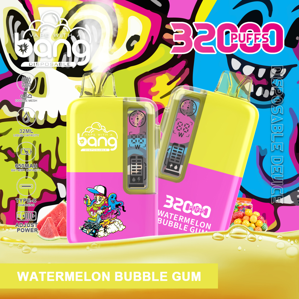 Colorful illustration of a "Bang" disposable vape with watermelon bubble gum flavor, featuring vibrant graphics and 32000 puffs text.