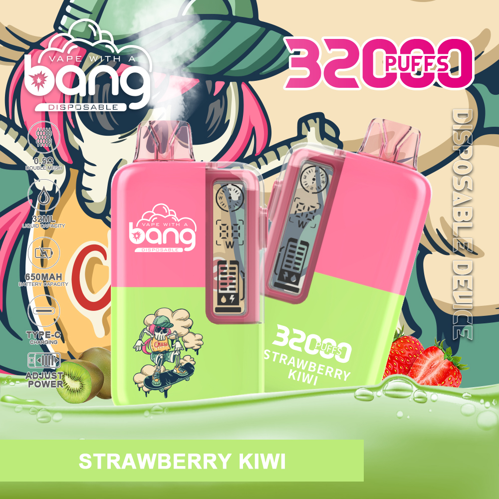 Disposable vape device packaging featuring "32000 Puffs" and "Strawberry Kiwi" with vibrant pink and green colors and cartoon graphics.