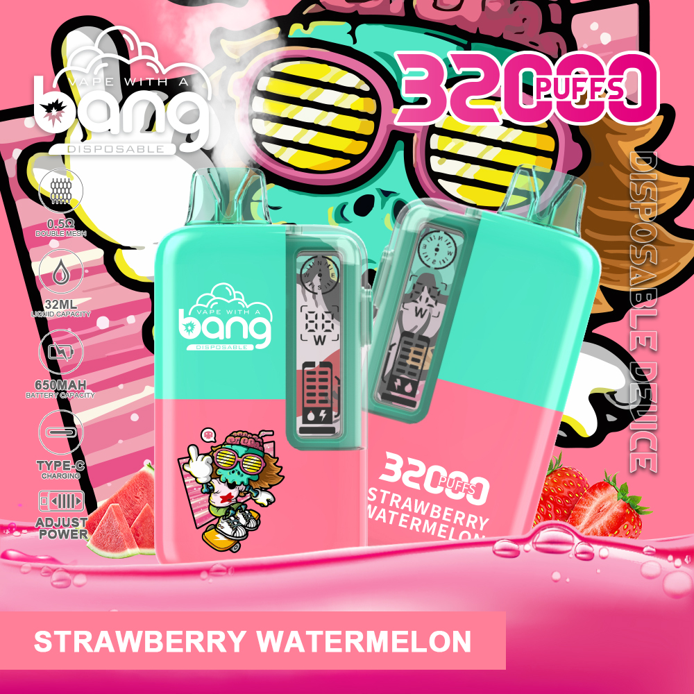 Colorful vape device packaging featuring strawberry and watermelon design with "32000 puffs" text.