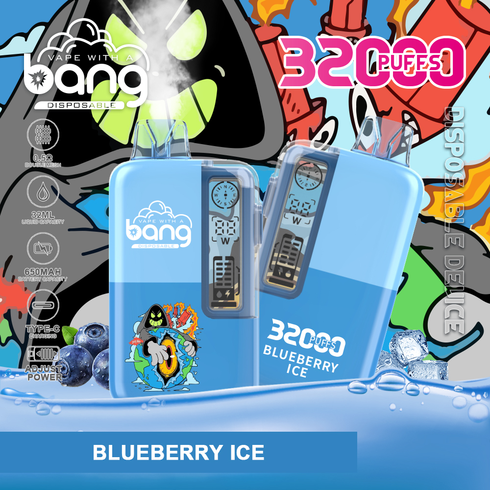 Disposable vape device packaging for "Bang Blueberry Ice" with 3200 puffs, featuring colorful graphics and product specifications.