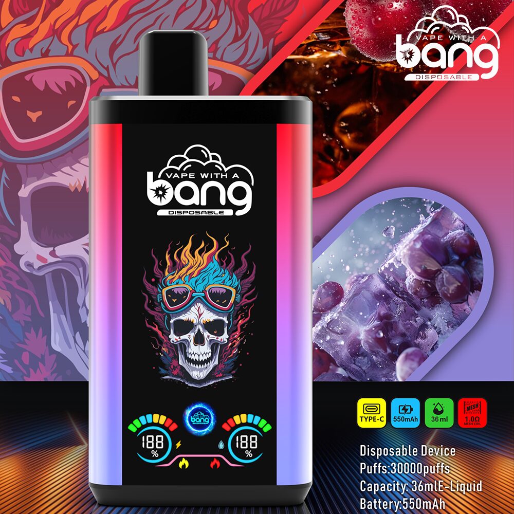 Colorful vape device packaging with a fiery skull design, displaying product details like 30,000 puffs, 36ml capacity, and 550mAh battery.